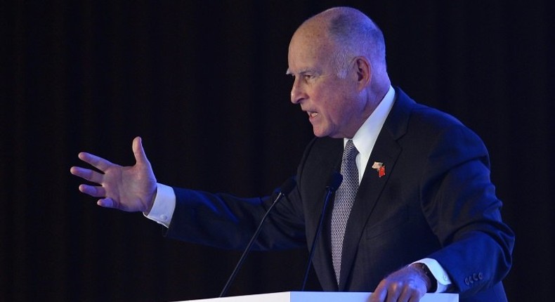 California Governor Jerry Brown gives a speech during the Clean Energy Ministerial international forum in Beijing on June 6, 2017