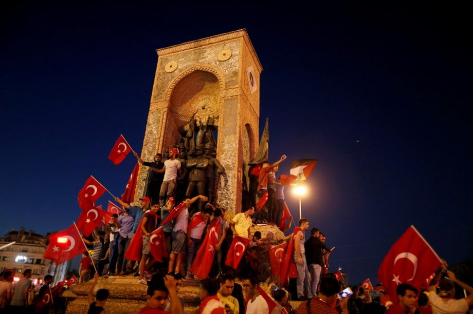 Supporters of Turkish President Tayyip Erdogan gather at Taksim Square in central Istanbul, Turkey