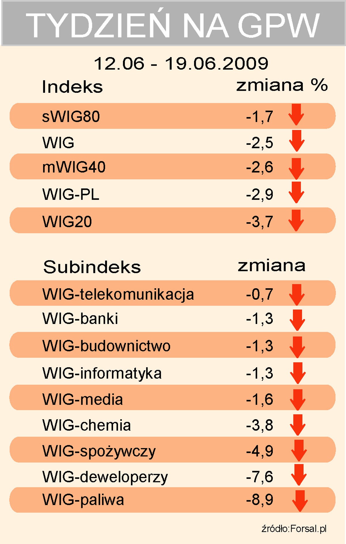 Tydzień na GPW indeksy 12-19.06-2009