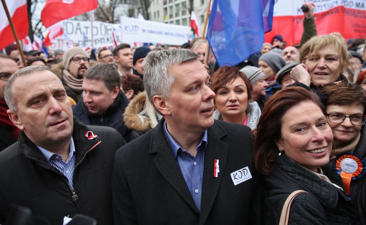 Grzegorz Schetyna, Tomasz Siemoniak i Małgorzata Kidawa-Błońska na manifestacji KOD