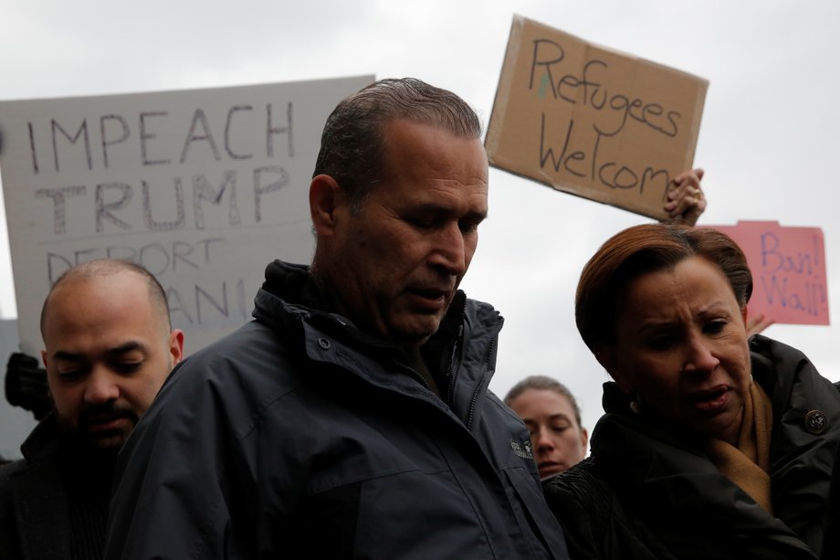 Iraqi immigrant Hameed Darwish with Congresswoman Nydia Velazquez after being released at John F. Kennedy International Airport in Queens, New York, on Saturday.