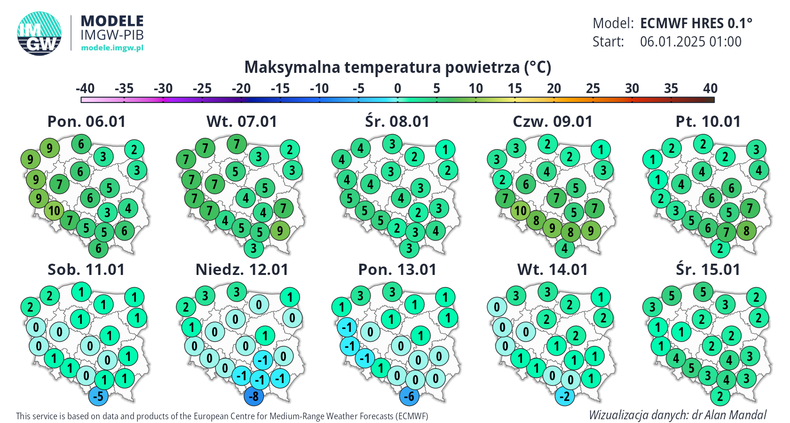 Prognoza temperatury maksymalnej w Polsce w kolejnych dniach