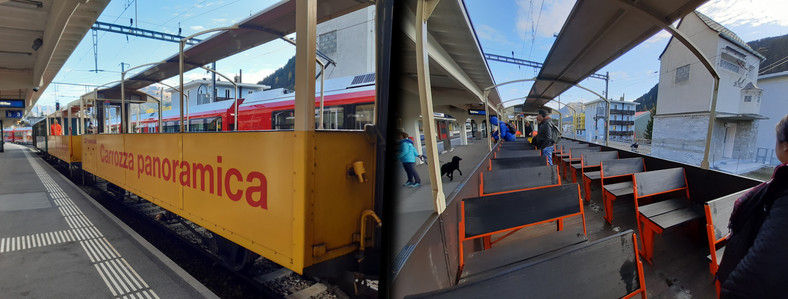 Otwarty wagon pociągu na stacji w Davos