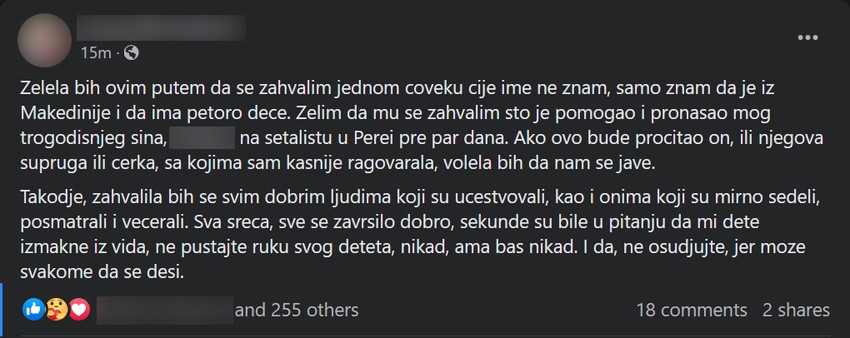 Ivani izgubljenog trogodišnjeg sina našao muškarac iz Severne Makedonije