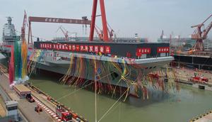 Celebrations at the launch ceremony for China's third aircraft carrier, the Fujian, at a dry dock in Shanghai on June 17, 2022.