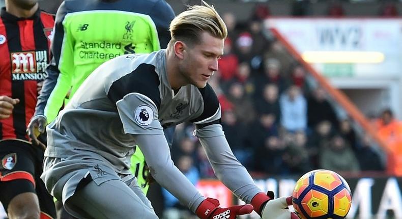 Liverpool goalkeeper Loris Karius gathers the ball during the English Premier League match against Bournemouth on December 4, 2016