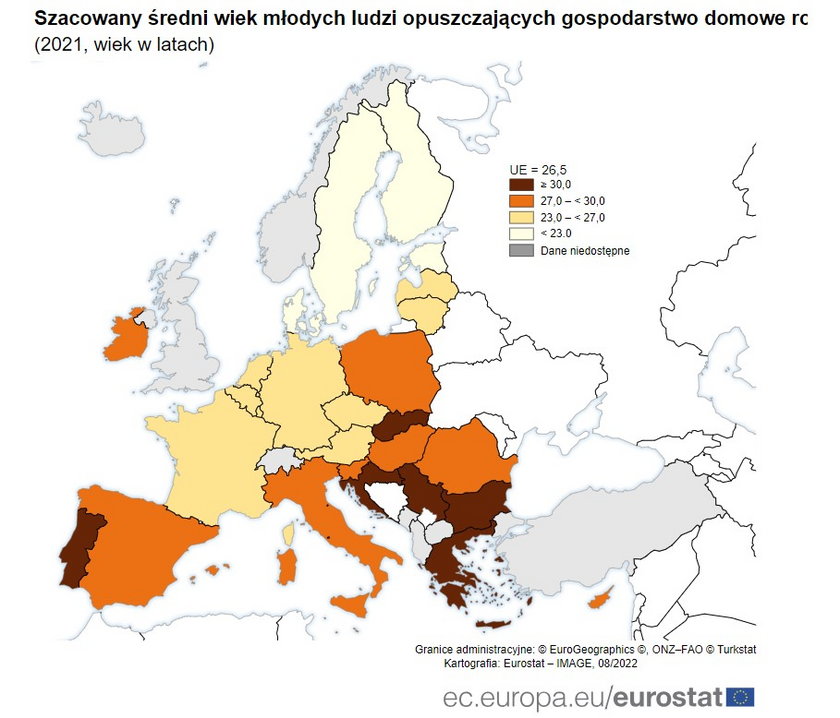 Wiek wyprowadzki od rodziców w UE dane: Eurostat