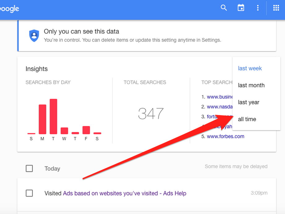 It's not easy to find your "Web & App Activity" page. You must be logged in to Google to see it. Once logged in, go to "https://history.google.com/history/" and click on "all time."