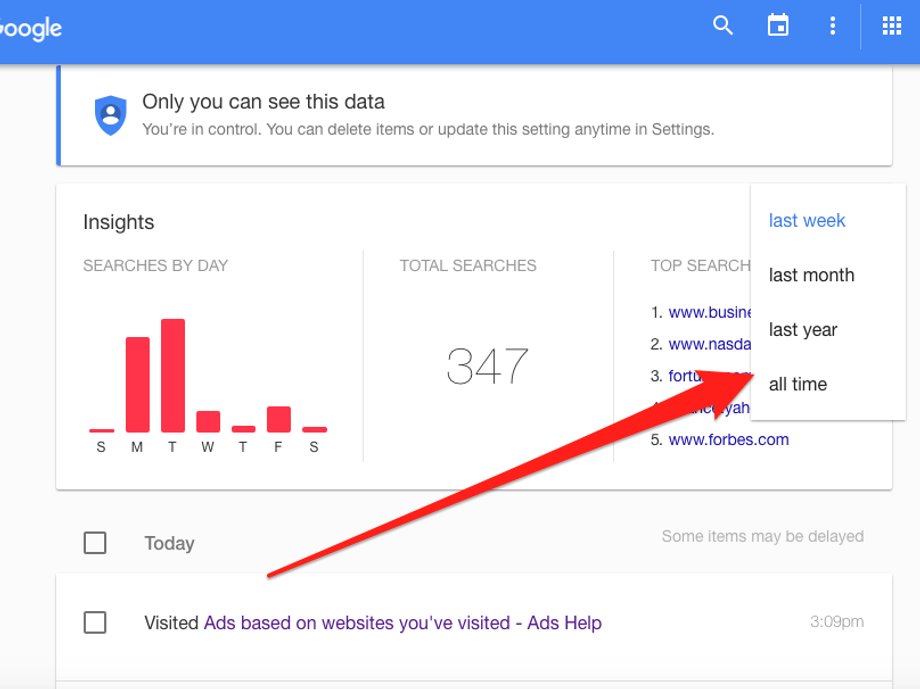 It's not easy to find your "Web & App Activity" page. You must be logged in to Google to see it. Once logged in, go to "https://history.google.com/history/" and click on "all time."