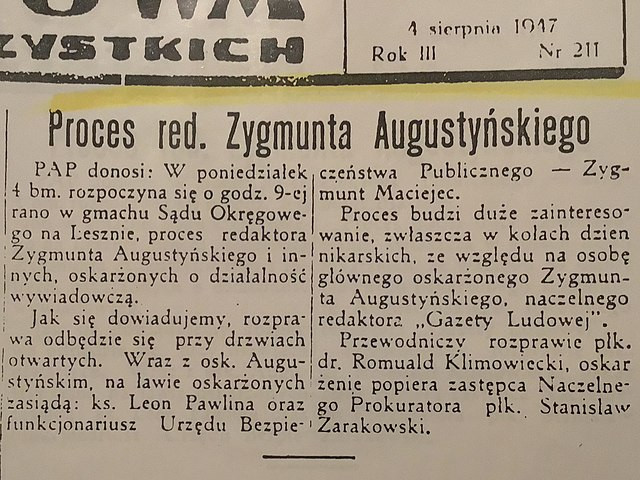 Informacja o procesie Zygmunta Augustyńskiego. "Gazeta Ludowa", 4 sierpnia 1947 r.