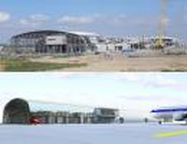 Porównanie stanu z września 2011) z wizualizacją obrazującą docelowy wygląd terminalu w Modlinie (2). Fot. materiały Mazowieckiego Portu Lotniczego Warszawa-Modlin