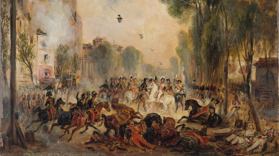 Zamach Josepha Fieschiego na króla Ludwika Filipa. Paryż, 28 lipca 1835 r. Z kolekcji Musée Carnavalet w Paryża, obraz François-Gabriela Lépaulle'a 