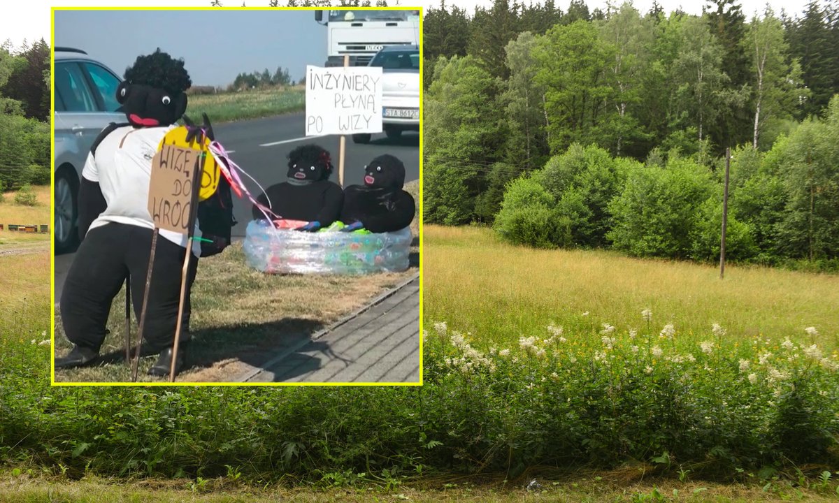 Przy drodze postawiono dożynkowe kukły szydzące z migrantów. Sprawa trafiła do prokuratury