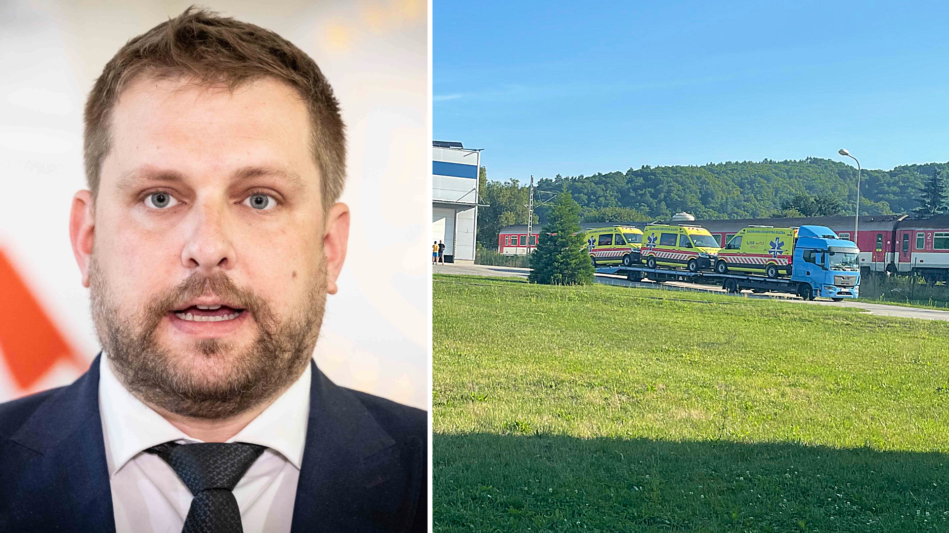 Minister Kamil Šaško a sanitky pred skladom vo Vlkanovej