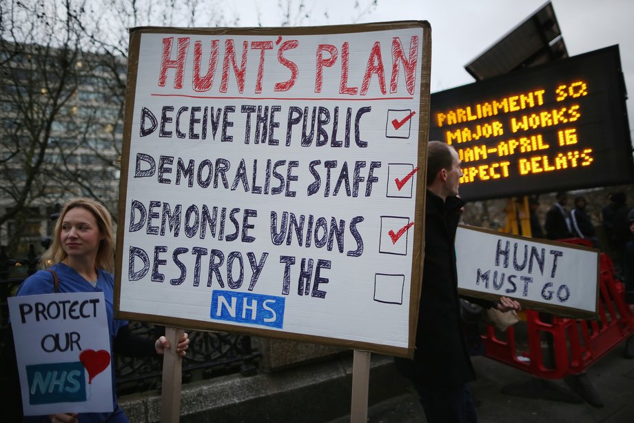 Junior Doctors carry a placard on Westminster Bridge as they demonstrate outside St Thomas's Hospital on February 10, 2016, in London, England.