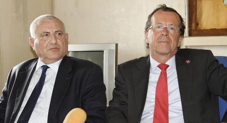 Special Representative for the United Nations Organization Stabilization Mission in the Democratic Republic of Congo (MONUSCO), Martin Kobler (R) and  Special Envoy of the UN Secretary-General for the Great Lakes Region Said Djinnit attend a meeting following recent demonstrations in Beni in North Kivu province, October 23, 2014. REUTERS/Kenny Katombe