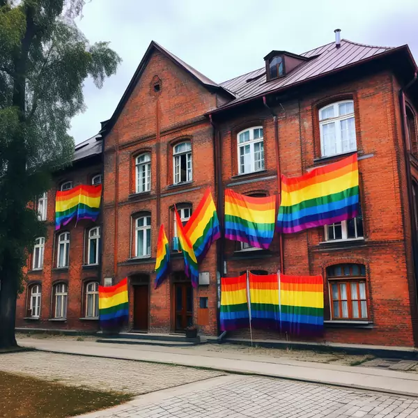 Polska szkoła z tęczowymi flagami z okazji Parady Równości wg sztucznej inteligencji Midjourney