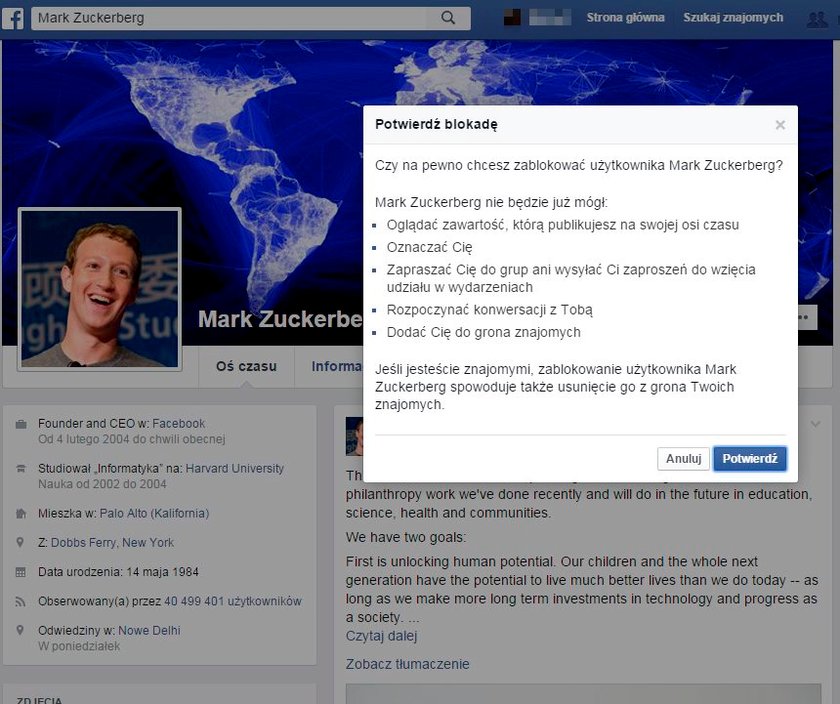 Zablokuj Marka Zuckerberga na Facebooku i zobacz co się stanie!