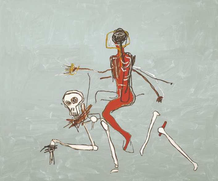 Proroczy obraz Basquiata "Jazda ze śmiercią" z 1988 r. to akryl i olej w sztyfcie na płótnie o wym. 248,9 × 289,5 cm