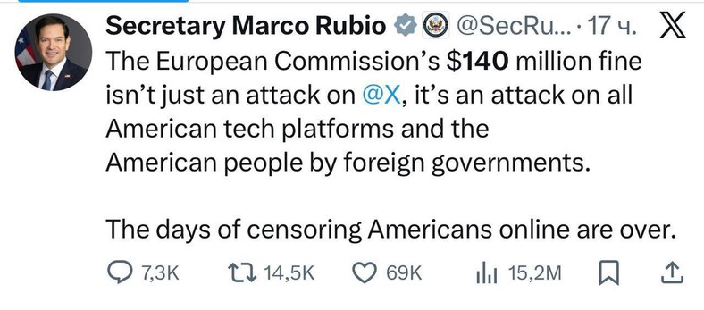 Gniewny wpis Marco Rubio na x.com przeciw cenzurze.