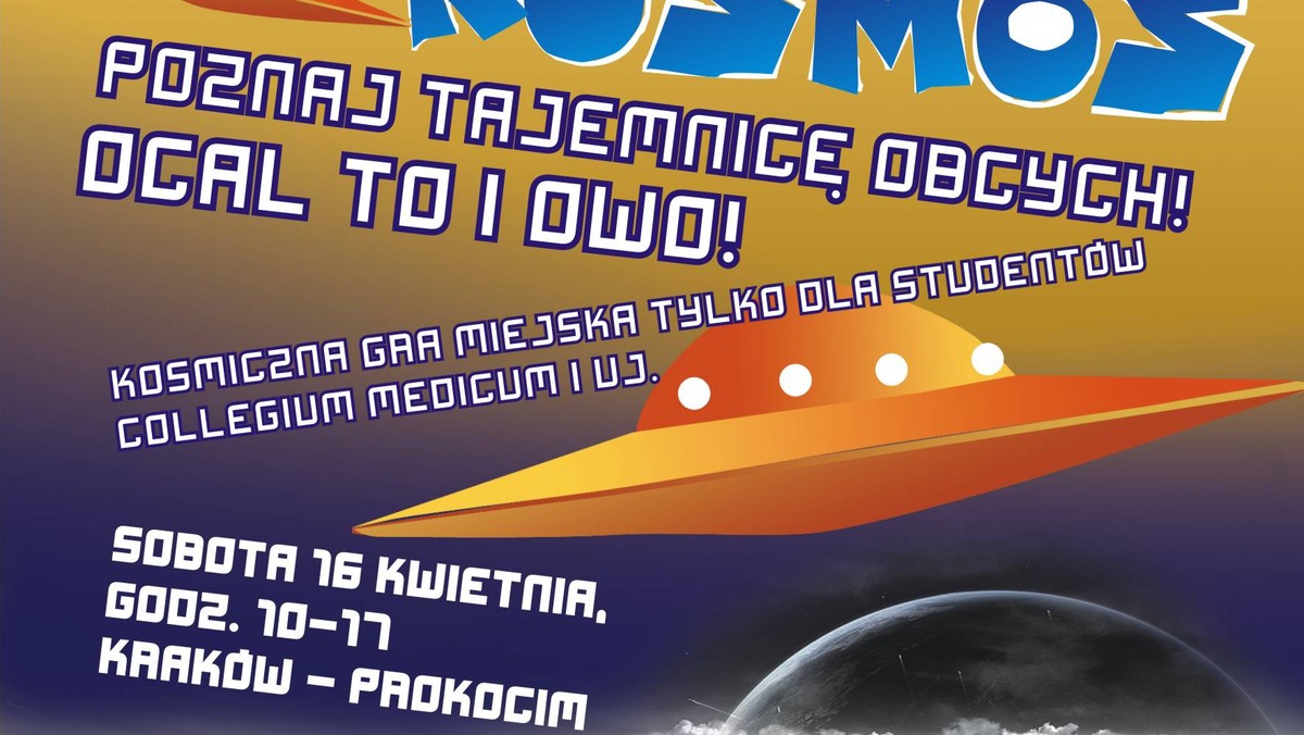 Teatr Groteska wraz z Radą Mieszkańców Domów Studenckich Collegium Medicum UJ w Prokocimiu organizuje kolejną grę miejską "Totalny kosmos", która odbędzie się w sobotę 16 kwietnia w Krakowie. Tym razem do udziału w kosmicznej grze sci-fi organizatorzy zapraszają studentów Collegium Medicum i UJ oraz mieszkańców domów studenckich w Prokocimiu!