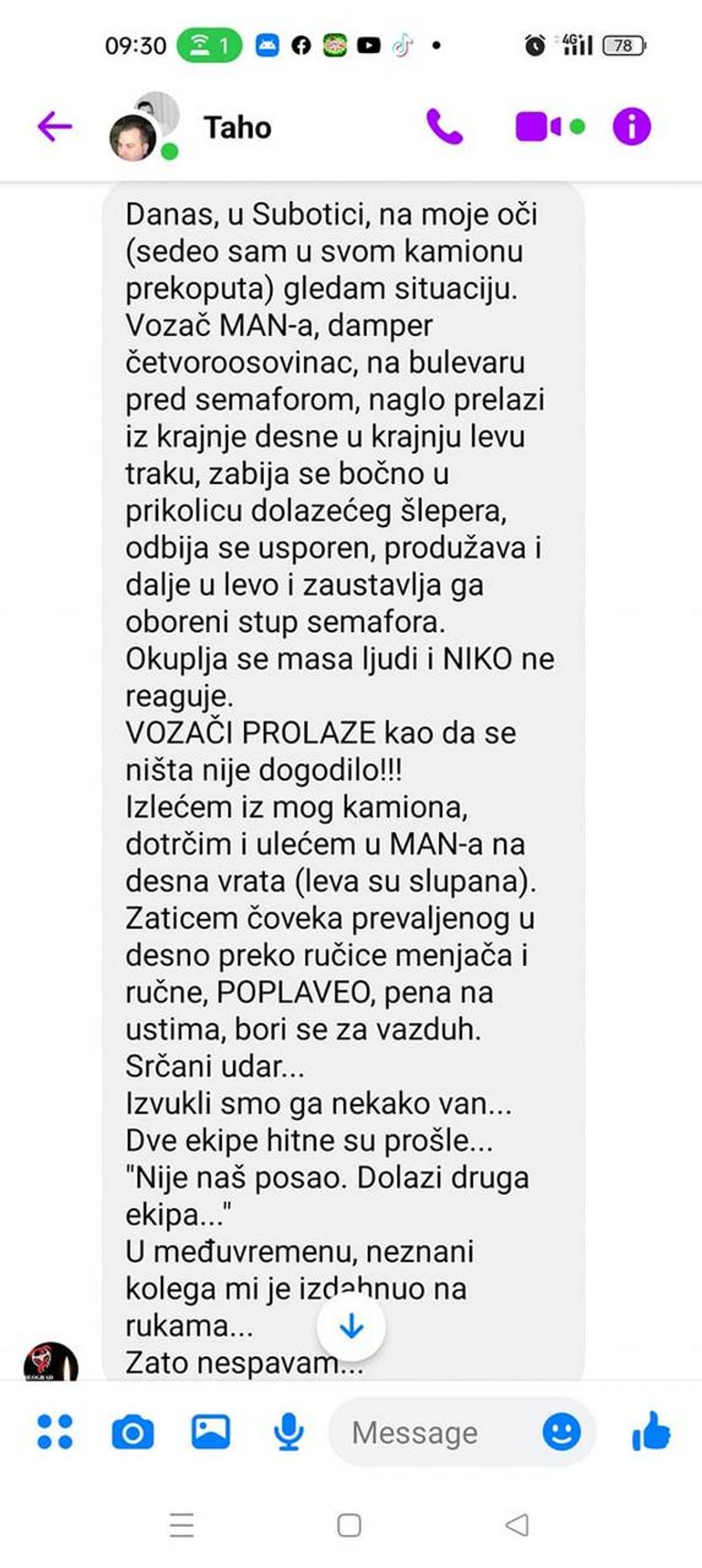 Poruka vozača Dušana Cvejića koja je objavljena na "Fejsbuku"