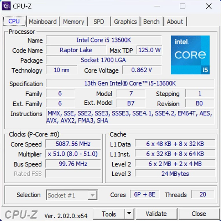 Intel Core i5-13600K – CPU-Z – specyfikacja procesora