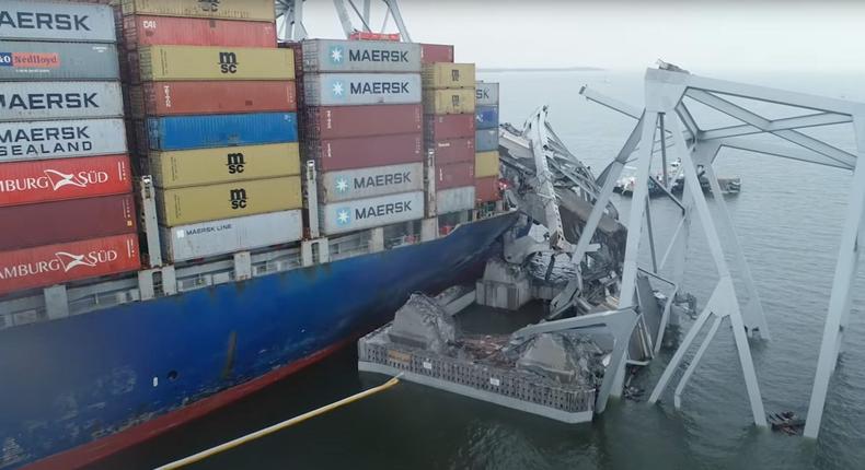 Officials are ascertaining how best to deal with the removal of the debris blocking the Patapsco River.Screenshot/NTSB