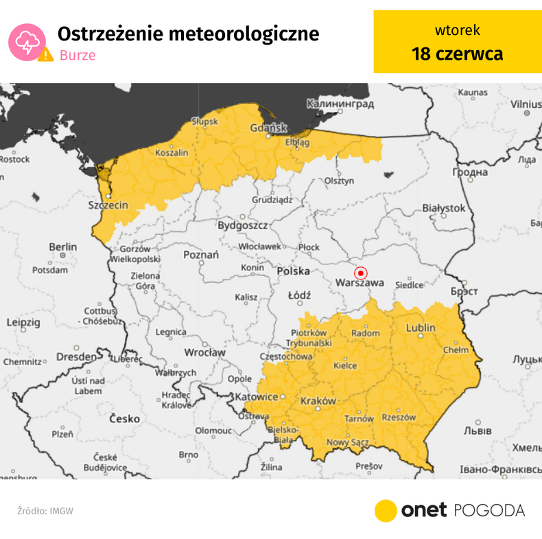 Ostrzeżenia przed burzami na wtorek