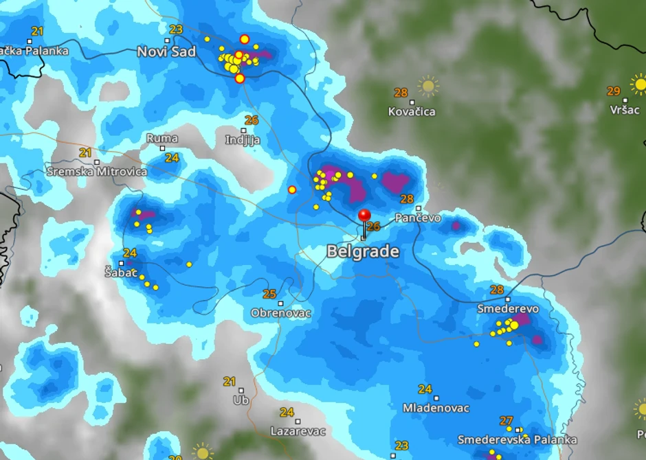 Nevreme nad Beogradom - radarski snimci u 16.25h