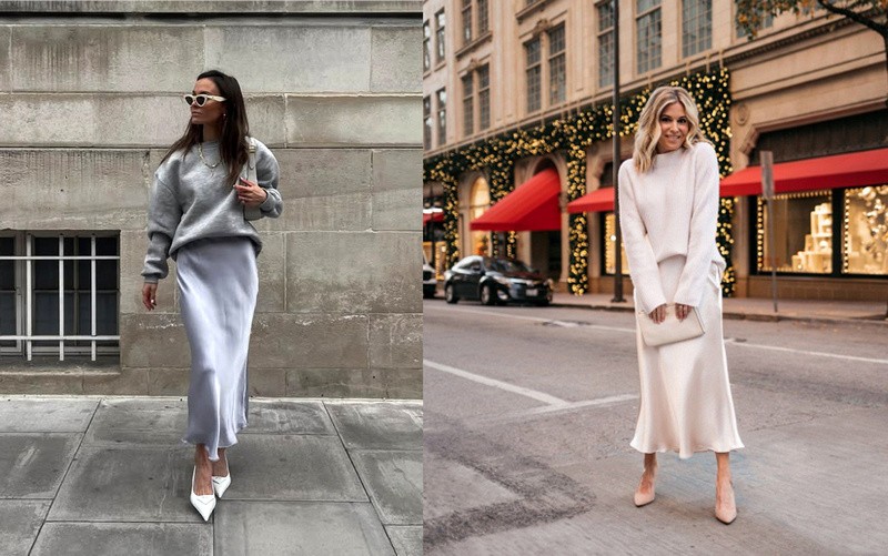 Ako nosiť sukňu s pulóvrom štýlovo.