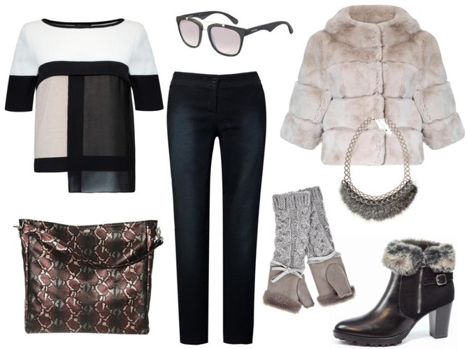 Sweter – CristinaEffe/cristinaeffe.com, spodnie- LeMONADA/lemonada.eu, futro – Hera/Hera.com.pl, torba – antbag by ania/antbags.pl, mitenki – Gena/gena.pl, buty – Caprice/caprice.pl