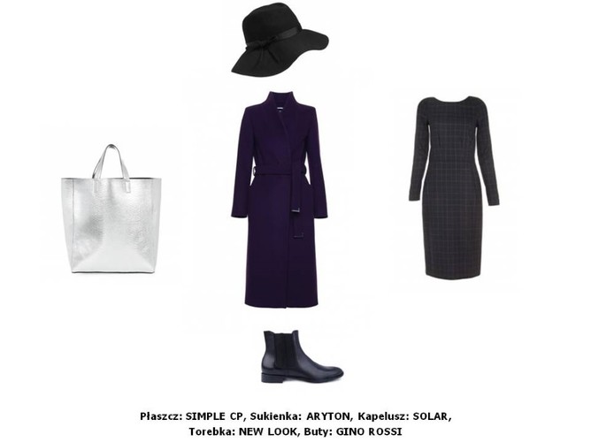 Płaszcz Simple CP: 1 699 PLN Sukienka Aryton: 599 pln Buty Gino Rossi: 499,90 pln Torebka New Look:  99,99 pln Kapelusz Solar: 229 pln