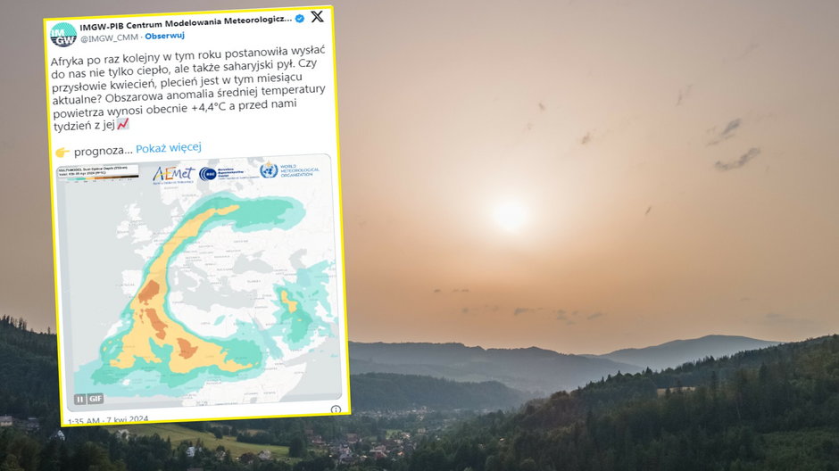 Chmura pyłu saharyjskiego nad Polską. Sytuacja będzie się pogarszać (screen: Twitter.com/IMGW_CMM). Na zdjęciu: Pył saharyjski w Wiśle w lipcu 2021 r.