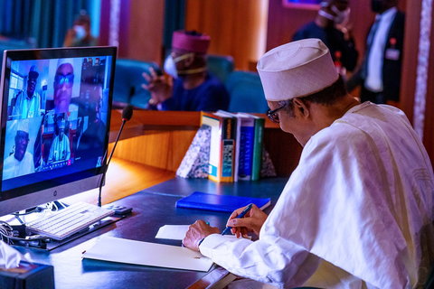 Buhari holds meeting with state Governors via video call to discuss COVID-19 response and fiscal measures [Twitter/MBuhari]