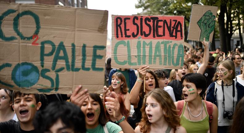 Young climate activists with the Fridays for Future movement march in Turin, Italy in October 2023.Stefano Guidi/Getty Images