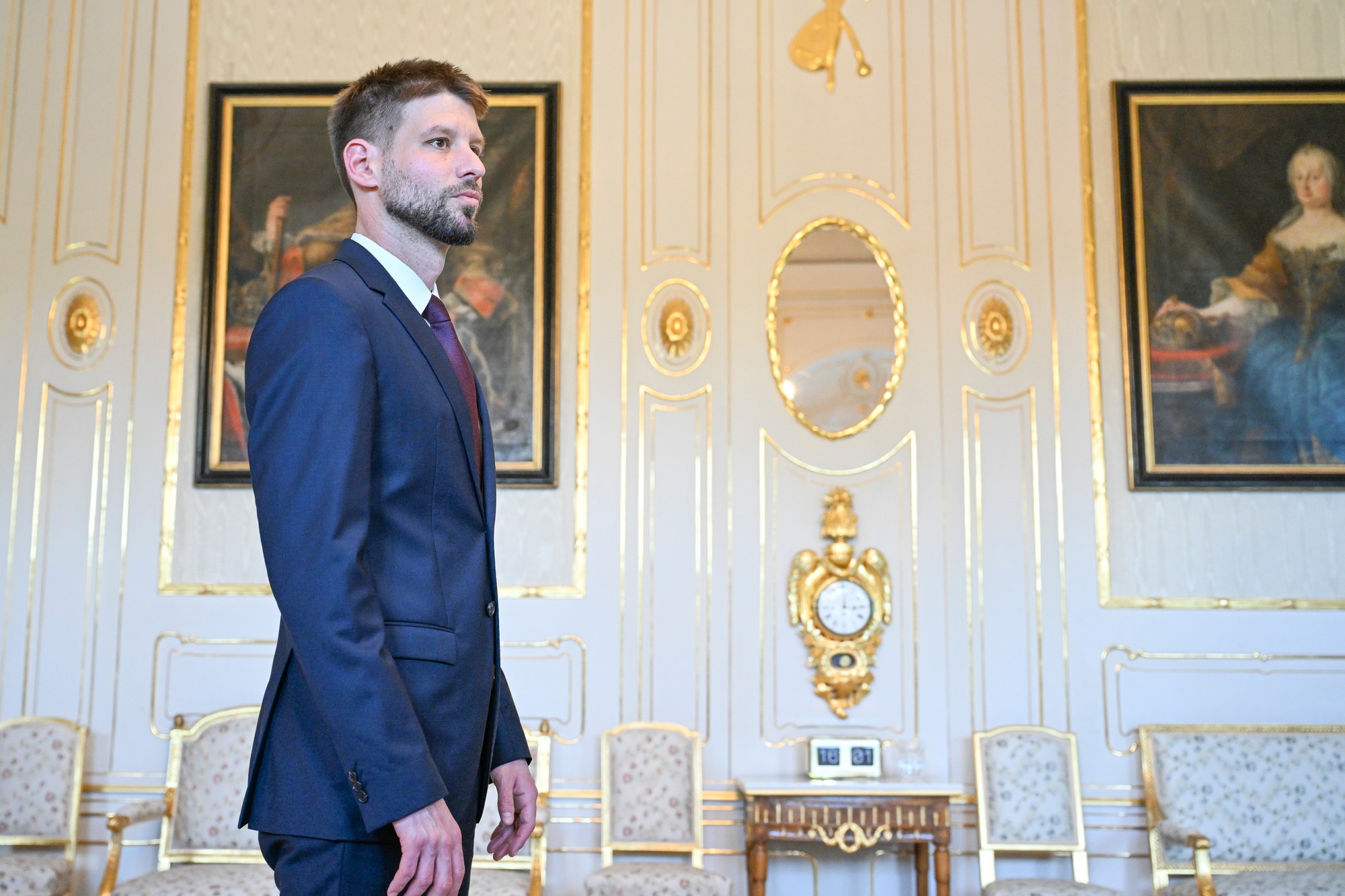 Prezidentka Zuzana Čaputová a predseda hnutia Progresívne Slovensko Michal Šimečka počas prijatia v Prezidentskom paláci v Bratislave.