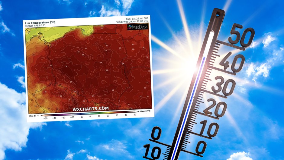 Nadchodząca fala upałów może być dłuższa i silniejsza niż na początku prognozowano (mapa: wxcharts.com)