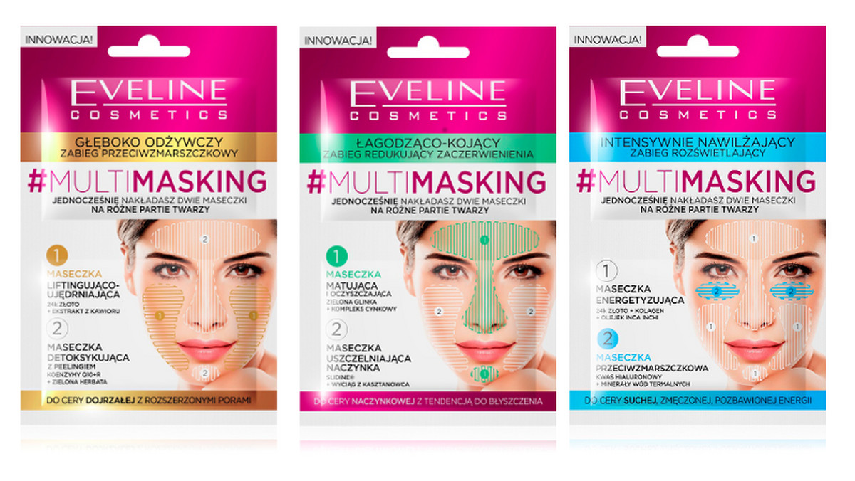 Wypróbuj #MULTIMASKING od marki Eveline Cosmetics, a Twoja skóra dostanie właśnie to, czego potrzebuje! Najnowsza moda pielęgnacyjna uaktywniona dzięki zabiegom z gabinetów kosmetycznych, która osiągnęła imponującą popularność na portalach społecznościowych. Polega na równoległym nakładaniu różnych maseczek na odmienne partie twarzy. Czoło, policzki, nos, podbródek – każdy obszar ma inne potrzeby. Dlatego doskonały zabieg musi być wielozadaniowy.