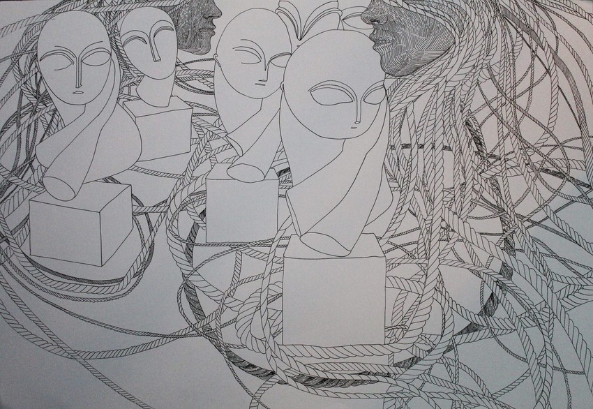 Sećanje na gospođicu Pogani, fajnlajner na papiru, 50x70 cm, 2025