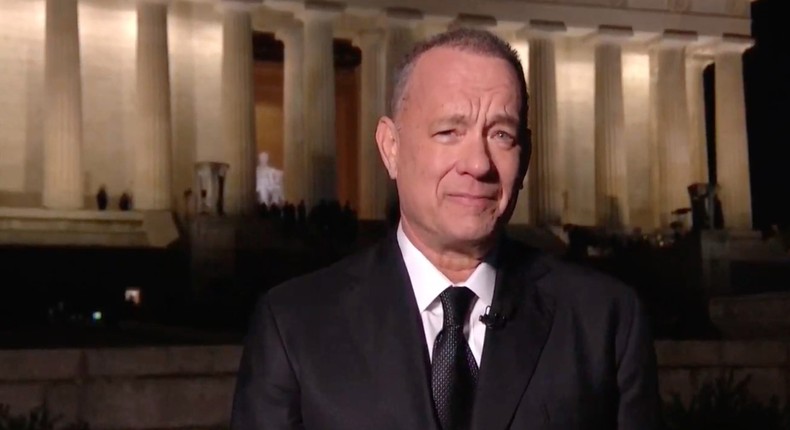 Tom Hanks speaks during the Celebrating America Primetime Special on January 20, 2021. The livestream event hosted by Tom Hanks featured remarks by president-elect Joe Biden and vice president-elect Kamala Harris and performances representing diverse American talent.