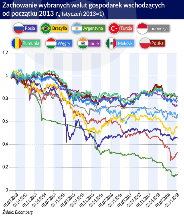 Rynki wschodzące - wybrane waluty zachowanie 2013-2018 (graf. Obserwator Finansowy)