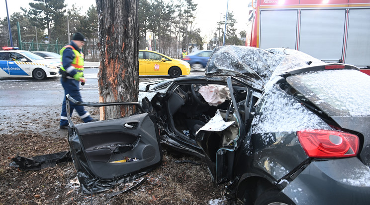 A képen: Összeroncsolódott személygépkocsi a ferihegyi repülőtérre vezető úton 2022. január 22-én. Egy 23 éves férfi meghalt, 24 éves férfi utasát pedig életveszélyes sérülésekkel vitték kórházba, miután autójukkal egy fának hajtottak. / Fotó: MTI/Mihádák Zoltán