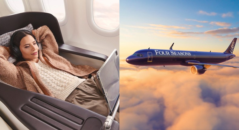 A woman on board the Four Seasons jet, and the Airbus A321LR.Courtesy of Four Seasons