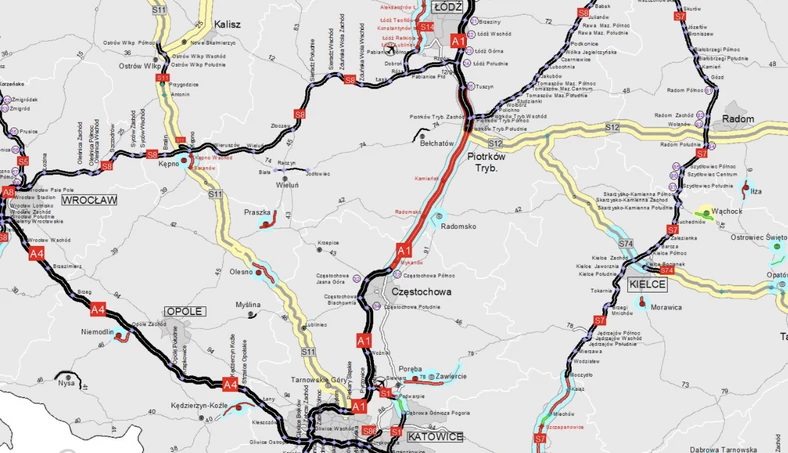 Odcinek drogi DK1, zaznaczony na czerwono, ma być 3-pasmową autostradą do 2022 roku. Obecnie na większości zaznaczonego na mapie odcinka trwają prace budowlane