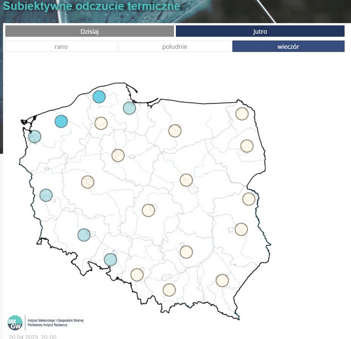 Prognozowane subiektywne odczucie termiczne na czwartek 20 kwietnia (godz. 20)