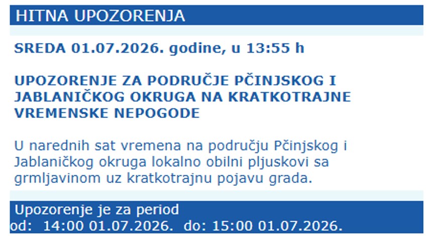 Hitno upozorenje RHMZ