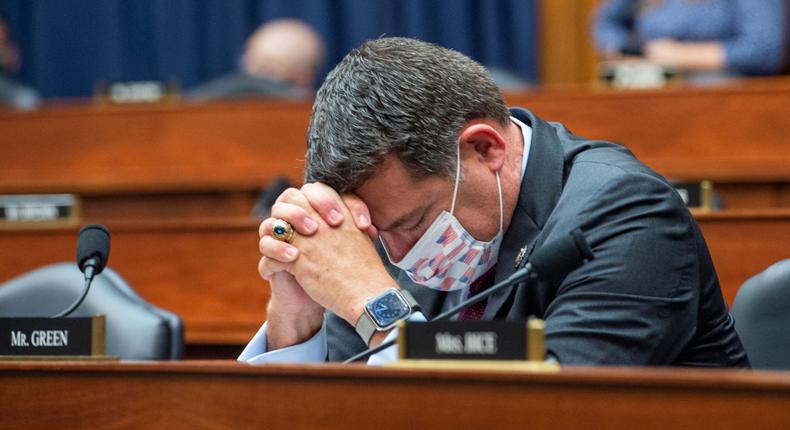 Rep. Mark Green, a Republican from Tennessee, reacts during a House Armed Services Committee meeting on September 29, 2021 in Washington, DC.