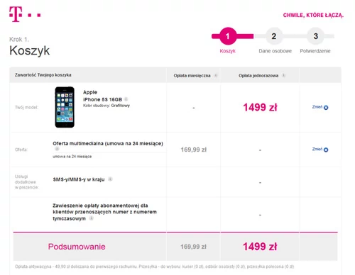 T-Mobile niestety w opcji z migracją w żaden sposób nie błyszczy. Za iPhone'a 5S musimy zapłacić 1499 zł, a sam abonament też nie należy do najtańszych