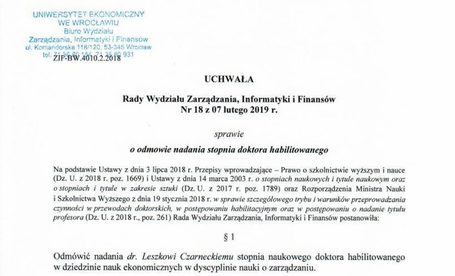 Decyzja Rady Wydziału Zarządzania, Informatyki i Finansów Uniwersytetu Ekonomicznego we Wrocławiu